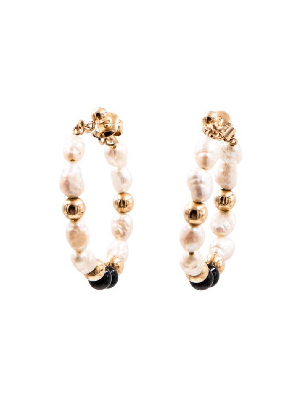 14K Yellow Gold Baroque Pearl Black Onyx 1.25 Inch Hoop Earrings